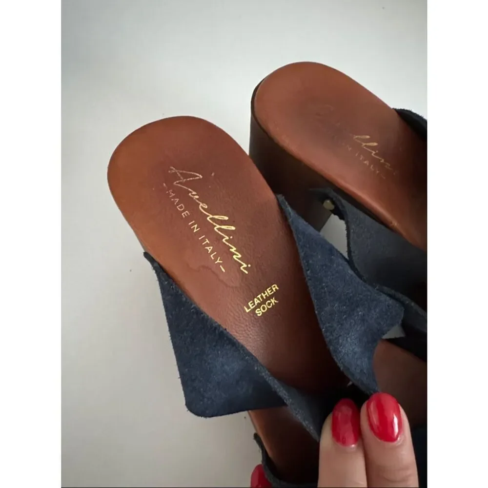 Avellini Platform clog sandal Suede Navy Made in Italy EUC
